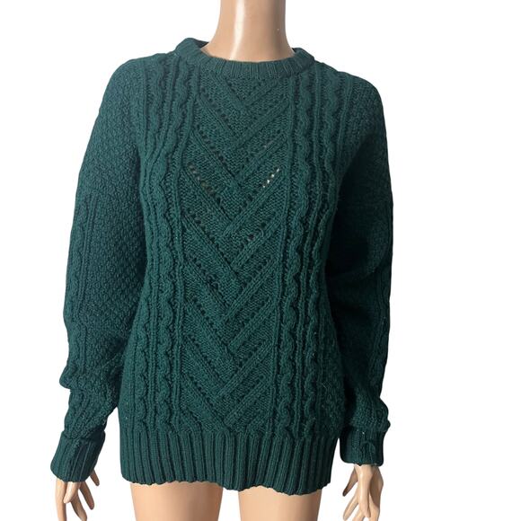 Jaeger Sweater Womens Small Green 100% Wool Cable Knit Crewneck Pullover Britain - Picture 10 of 10